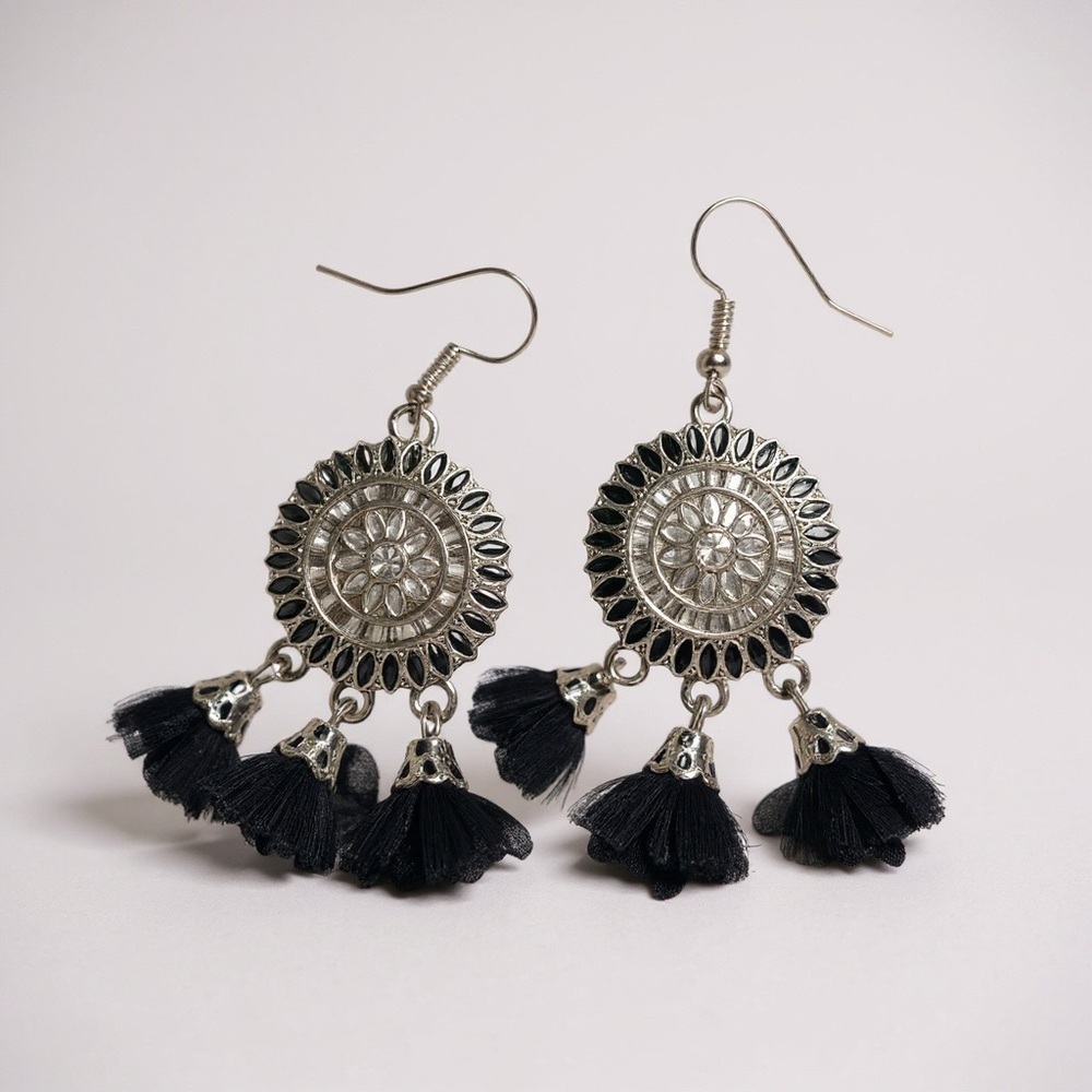 Boho Festival Medallion Tassel Earrings Black